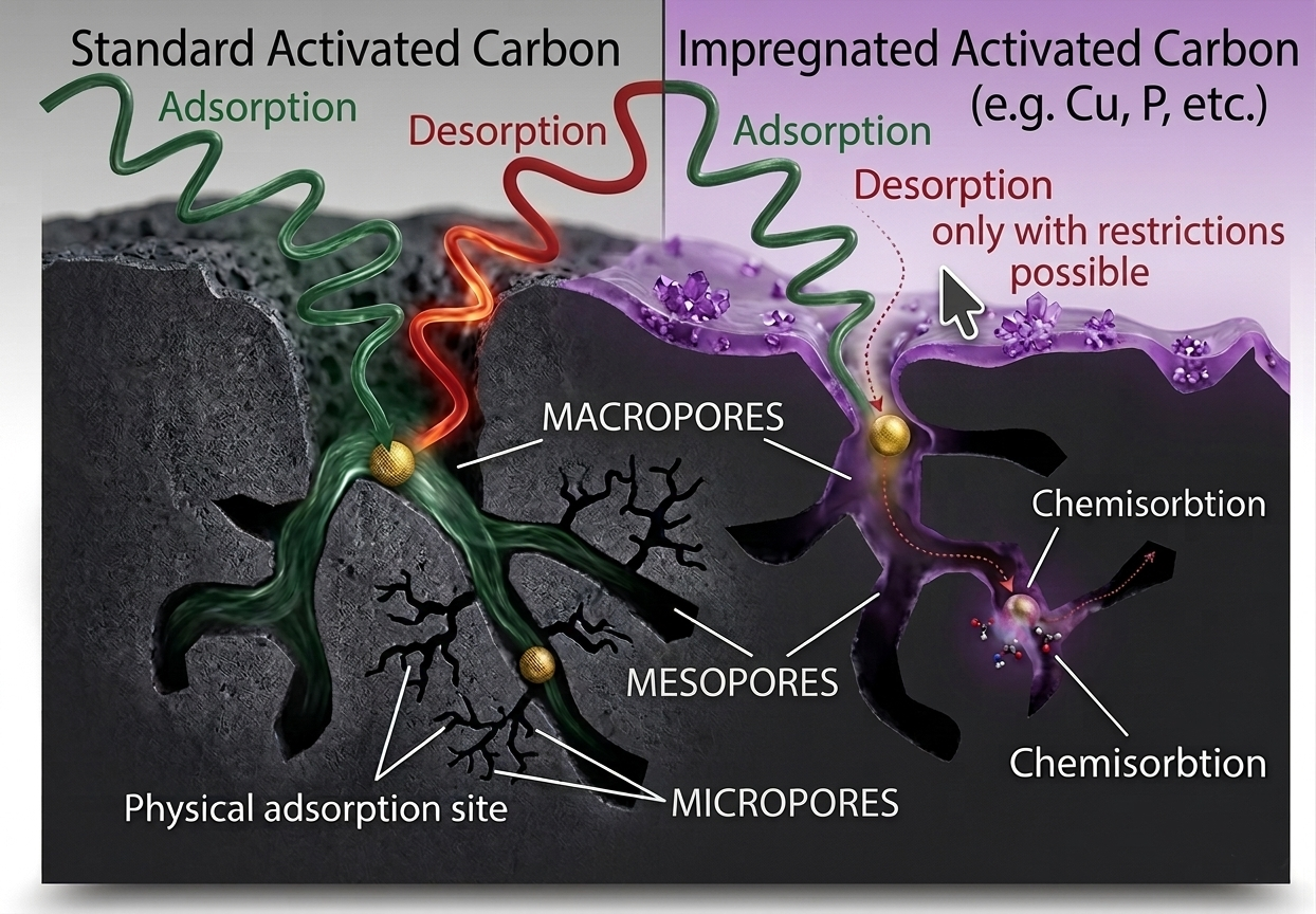 Adsorption vs. Chemisorption at the pore level Detailed diagram of physical adsorption versus chemisorption on activated carbon pore surfaces – van der Waals forces vs. chemical bonding